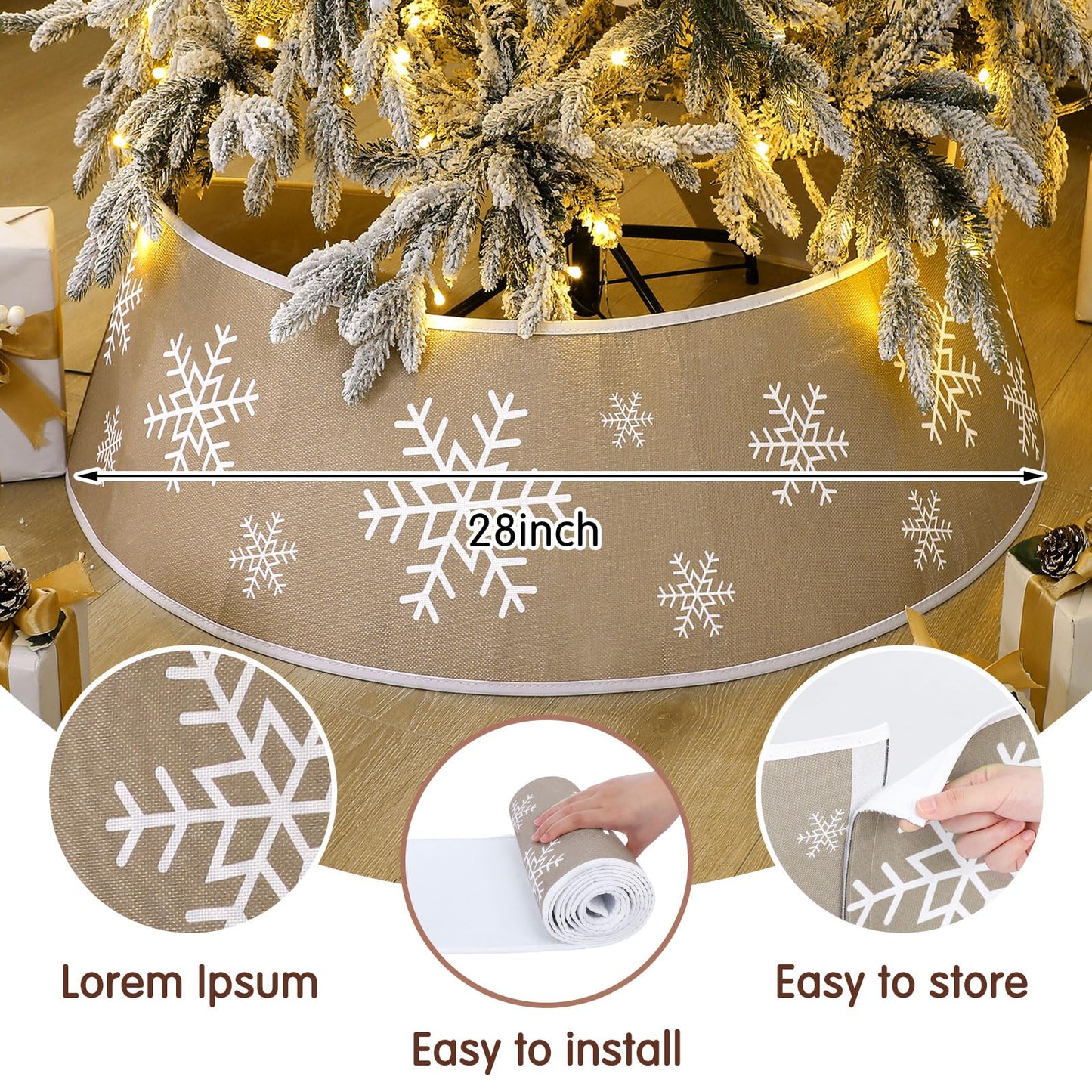 Soulchen Plain Burlap Farmhouse Christmas Tree Collars with Printed Snowflake 28 Inch Natural Burlap Boho Tree Skirt Rustic Collar for Indoor Trees Winter Home Decor (Khaki)