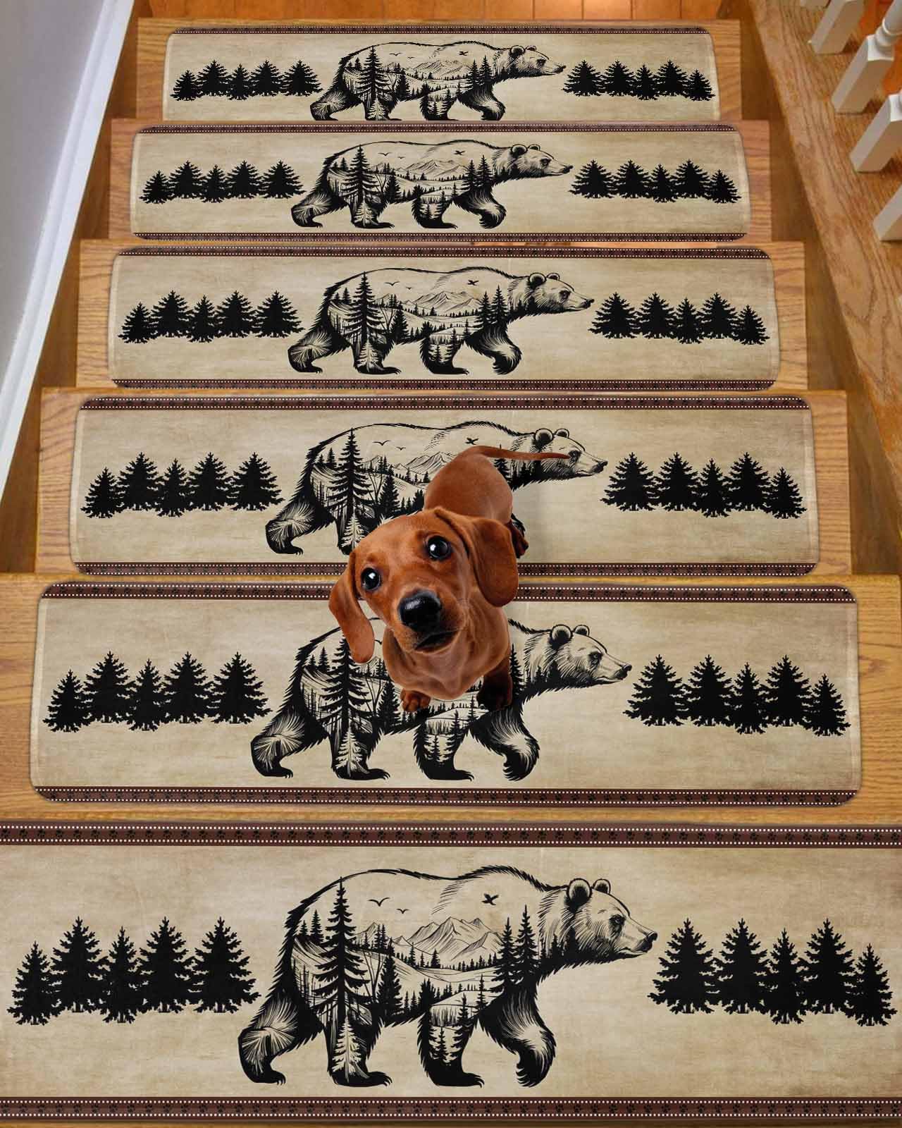 Stair Treads for Wooden Steps,Retro Pine Tree Bear Silhouette Non Slip Stair Carpet Indoor Stair Runner Staircase Step Treads,Black Animal Vintage Back Stair Mat 8x30in 4 Pcs
