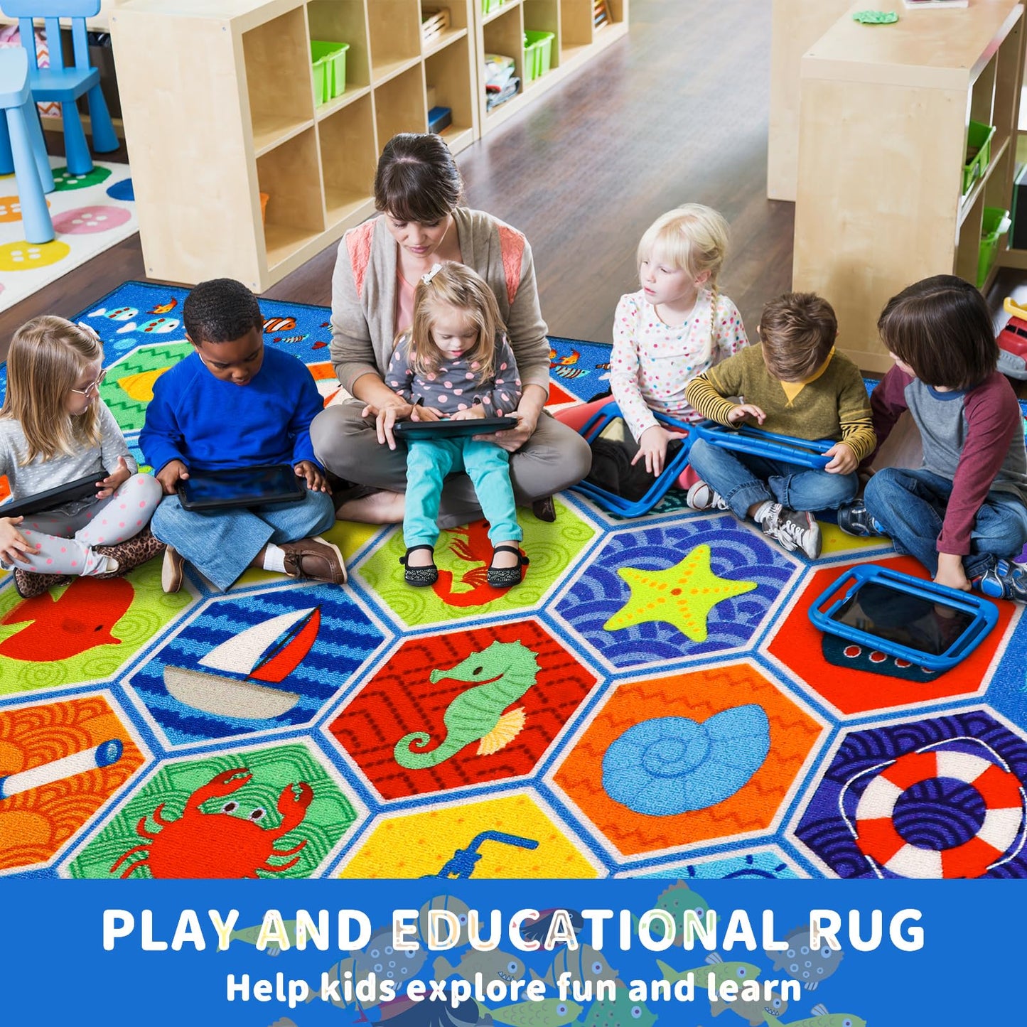Mfmiudole Extra Large Ocean Classroom Rug with 24 Hexagon Seats, 13.3'×7.7' Educational Preschool Carpet for Circle Time, Kindergarten, Daycare and Early Learning, Non-Slip Kids Classroom Rug