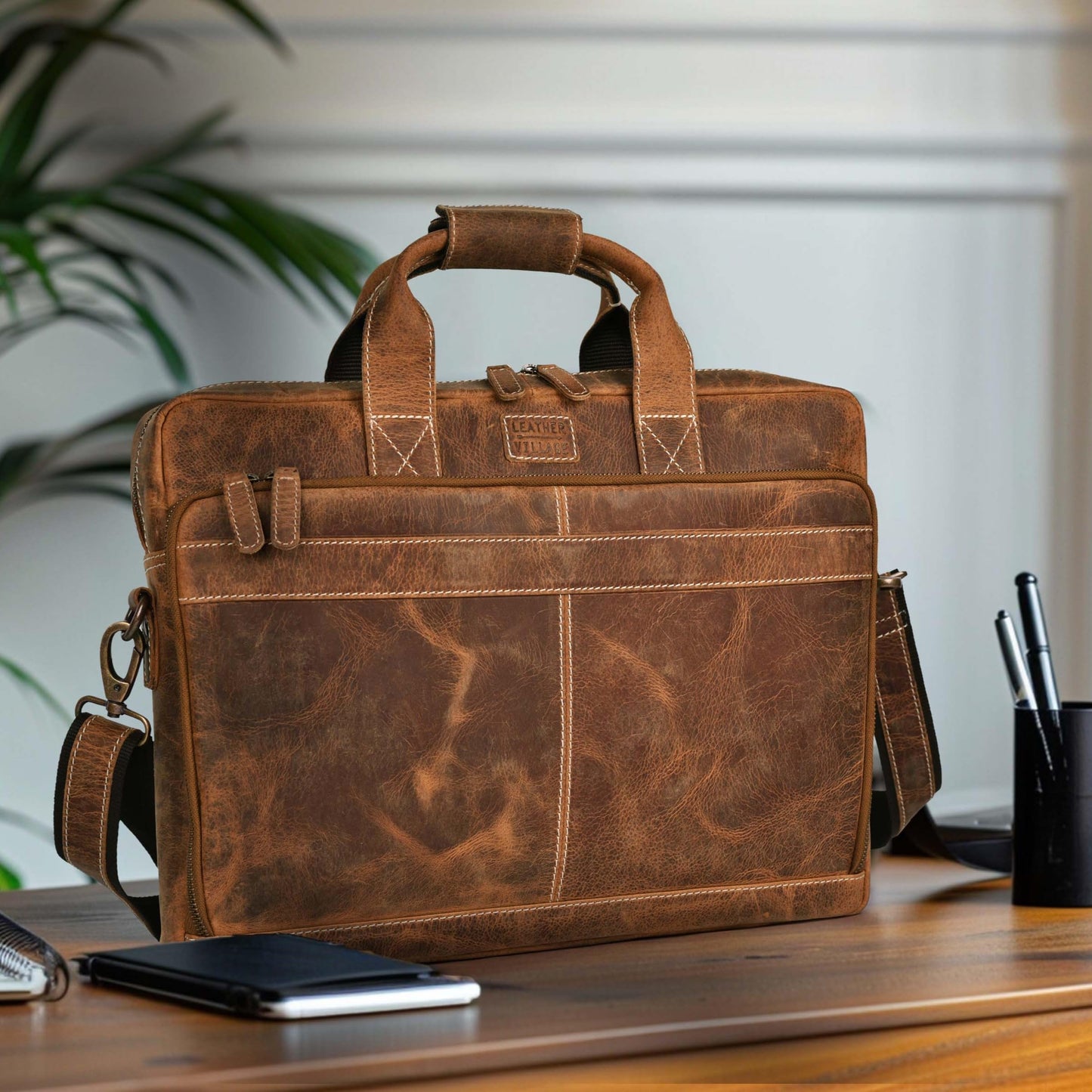 LEATHER VILLAGE 18" Leather Laptop Messenger Briefcase Bag for Men-Leather Satchel for Travel and Office Shoulder Bag- Sun Tan Brown