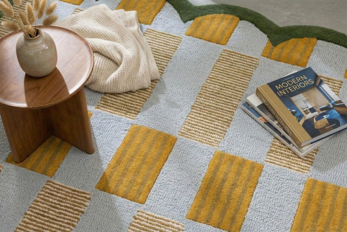 RUGWYN Hand-Tufted Scalloped Wool Area Rug, Modern Plaid Checkered Pattern, Soft & Durable Cozy Accent Rug for Living Room, Bedroom & Nursery, Handmade Decorative Carpet (Light Blue, 4' x 6')