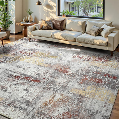 Living Room Rug 7x10 Beige Area Rugs Machine Washable Abstract Boho Large Rug Non-Slip Non-Shedding Faux Wool Indoor Vintage Carpet for Bedroom, Classroom, Dining Room, Kids Playroom