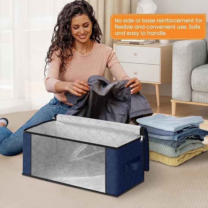 Fab totes 35L Closet Organizers and Storage, Foldable Under Bed Storage Containers, Storage bags for Organizing Bedroom, Closet, Clothing,Organization with Handle (4 Pack,Blue)
