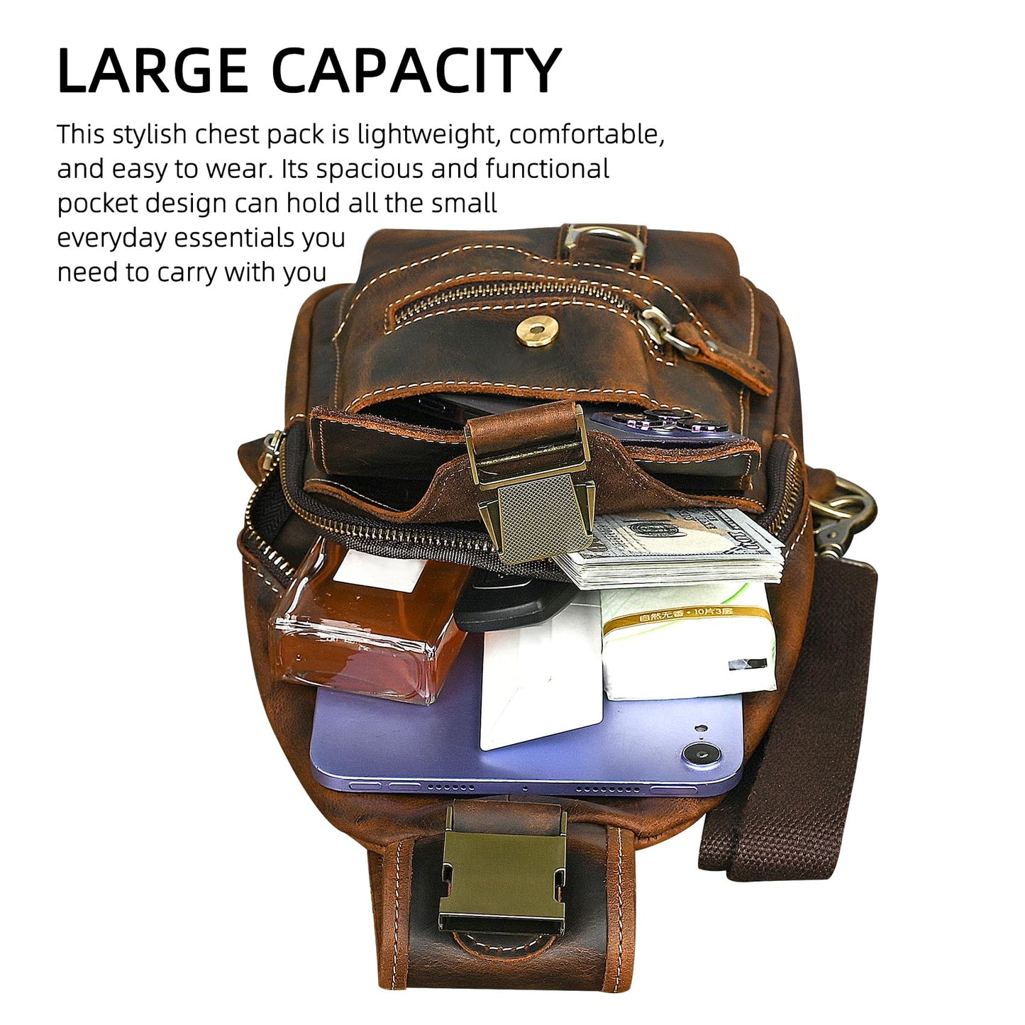 Handadsume Water Resistant Canvas + Leather Hiking Travel DayPack Sling Crossbody Triangle Chest Pack Bag For Men Women FB8013 (100% Genuine Leather-8015 Brown)
