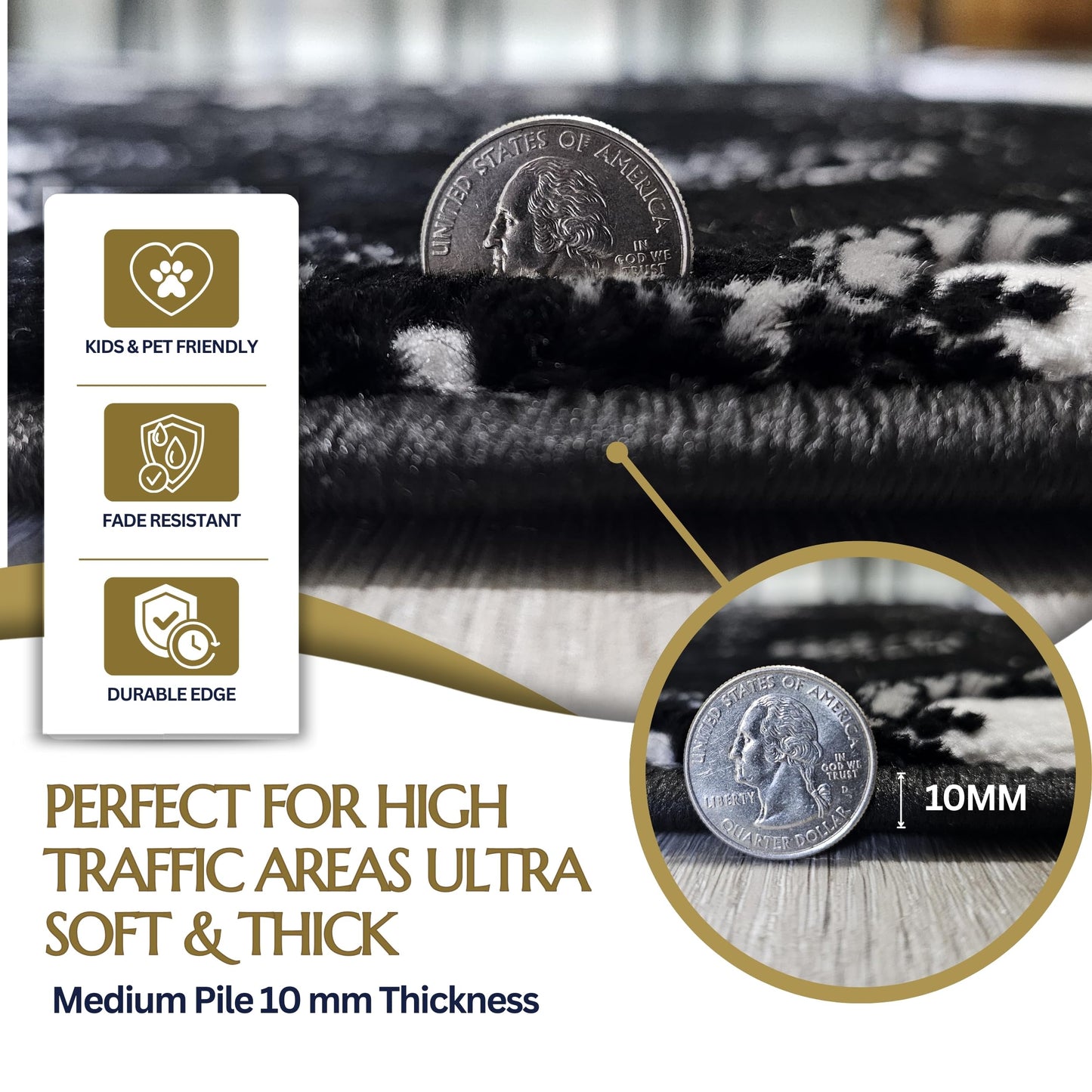 CoziRita 5x7 Modern Abstract Area Rug for Living Room, Soft Medium Pile Carpet, Non-Shedding Easy Care, High Traffic Floor Rug, Family Friendly, Pet Friendly, Designed for Real Homes - Black Marble