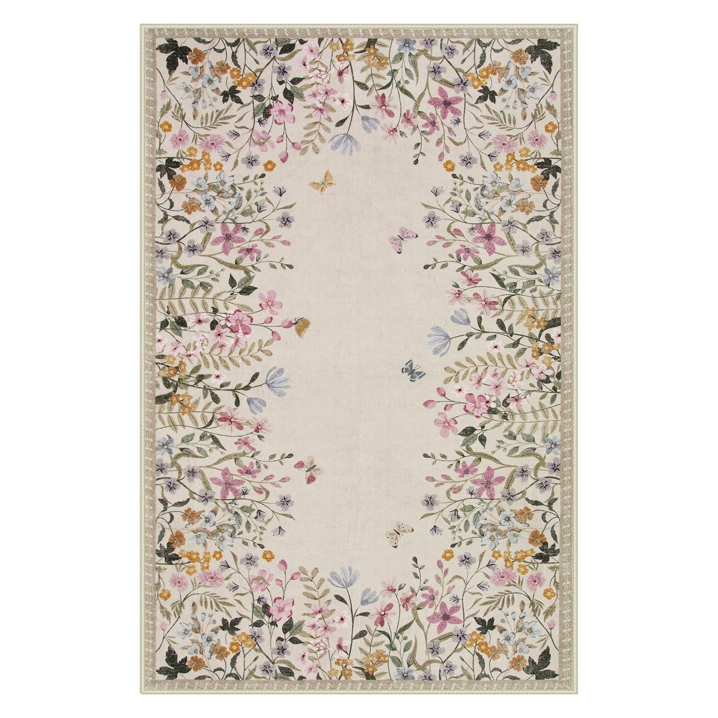 Wonnitar 4x6 Washable Area Rug, Boho Floral Bedroom Rug, Botanical Carpet for Nursery, Beige Non Slip Office Rug, Farmhouse Kitchen Kids Playroom Decor (4x6 Beige)