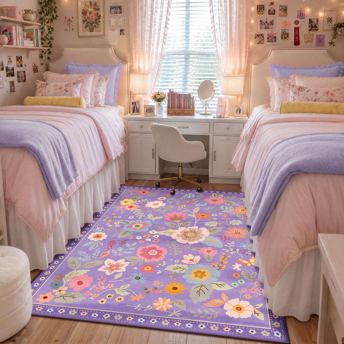 RELEANY Floral 5x7 Area Rugs Washable Print Boho Cute Carpet Non Slip Flower Low Pile for Living Room Bedroom Kitchen Office Farmhouse-Purple/Pink/Multi