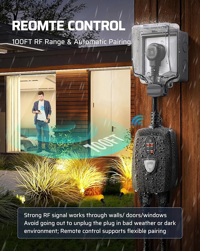 DEWENWILS Outdoor Timer Outlet Waterproof, 15A 1/2HP, 2 Grounded Outlets, 100FT Remote Control, Black, FCC Listed