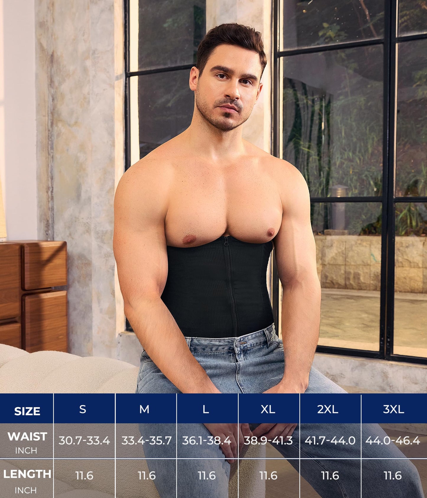 TAILONG Waist Trainer for Men Shapewear Tummy Control Body Shaper Slimming Girdle Fajas para Hombres Corset with Zipper Black