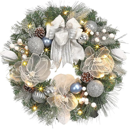Lighted Christmas Wreath for Front Door with 20 LED Lights,22inch prelit Christmas Wreath with Big Flower and Ball Ornament,Winter Porch Decor,Indoor Outdoor Christmas Silver White Decorations