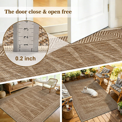 Jute Rug 5x7 Outdoor Patio Rug with Border, Washable Rugs for Living Room, Farmhouse Non Slip Area Rugs with Rubber Backing Indoor Outdoor, Non Shedding Carpet for Bedroom, Courtyard, Light Brown