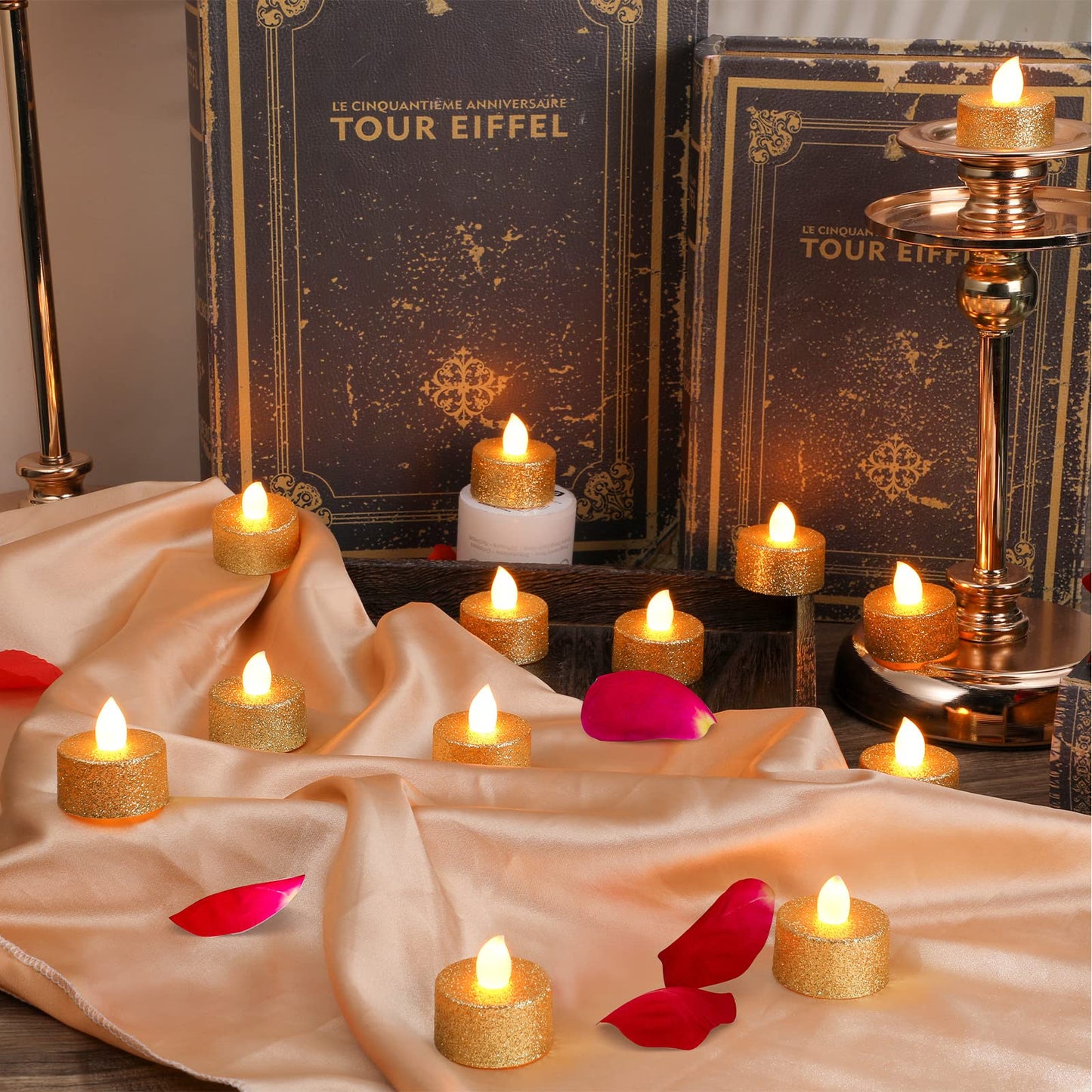 Mudder 24 Pieces Gold Tea Lights LED Candles Tealights Flameless Votive Battery Operated Tea Lights Electric Glitter Tealight for Holiday, Festival Gift, Wedding, Birthday,Home, Party Decor