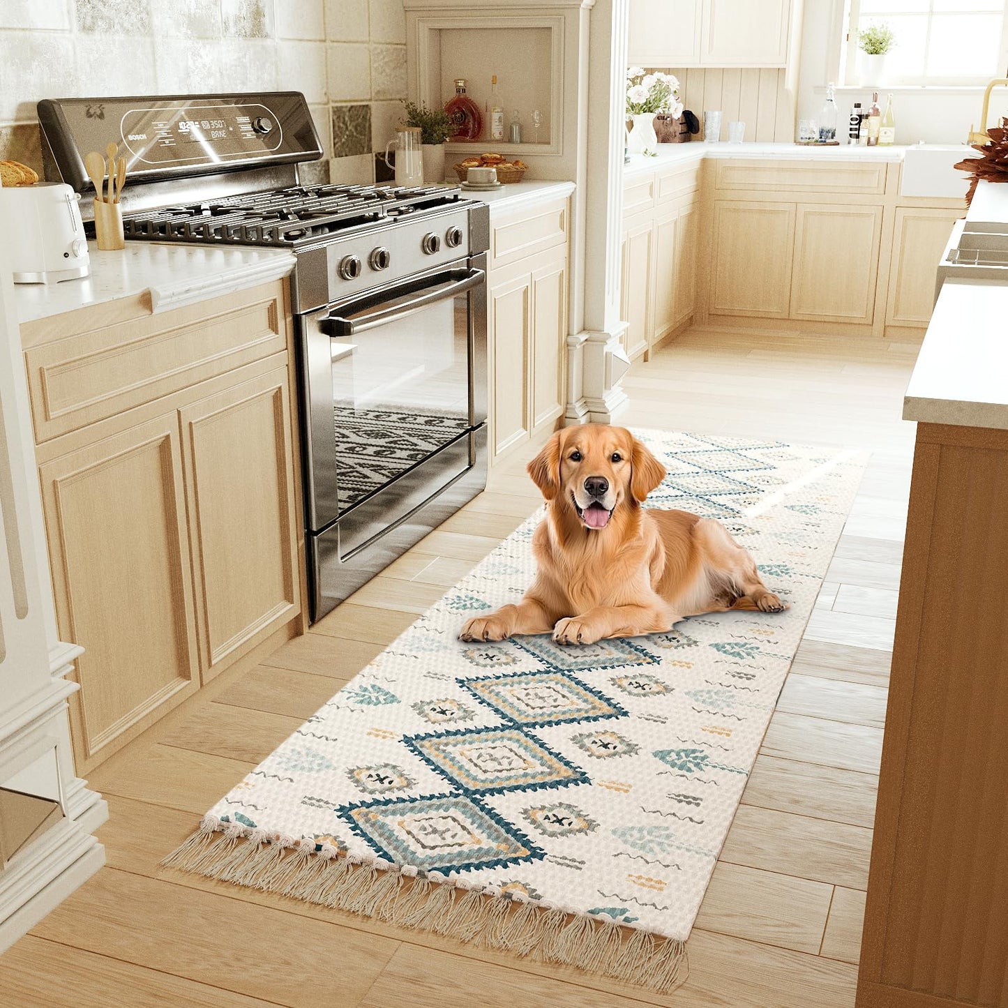 H.VERSAILTEX Handwoven 2x5 ft Boho Runner Rug with Tassels - Low Pile Easy Clean Washable Entryway Rug, Non-Slip Kitchen Runner for Hallway, Laundry Room, Corridor - Floor Mat(Blue/Tan)