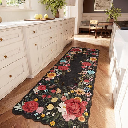 Kitchen Rug Runners for Hallways: 2'6''x8' Washable Runner Rugs for Kitchen Ultra Thin Stain Resistant Non Slip Low Pile Lightweight Vintage Floral Carpet for Laundry Room Decor (Black)