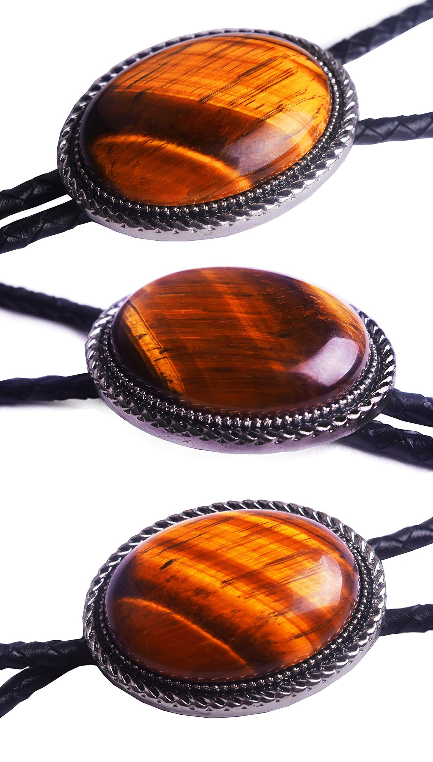 Moranse Bolo Tie with Natural Tiger Eye Stone Celtic Style Genuine and Cowhide Rope(Tiger Eyes 3 Style)