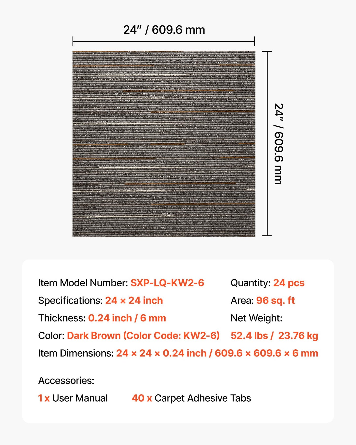 VEVOR Carpet Tiles Reusable 24x24 inch, 24 PCS Modular Carpet Square Rug, Commercial Floor Soft Padded for Seamless Cover 96sq.ft, Easy DIY for Living Room Bedroom Office Indoor,Dark Brown
