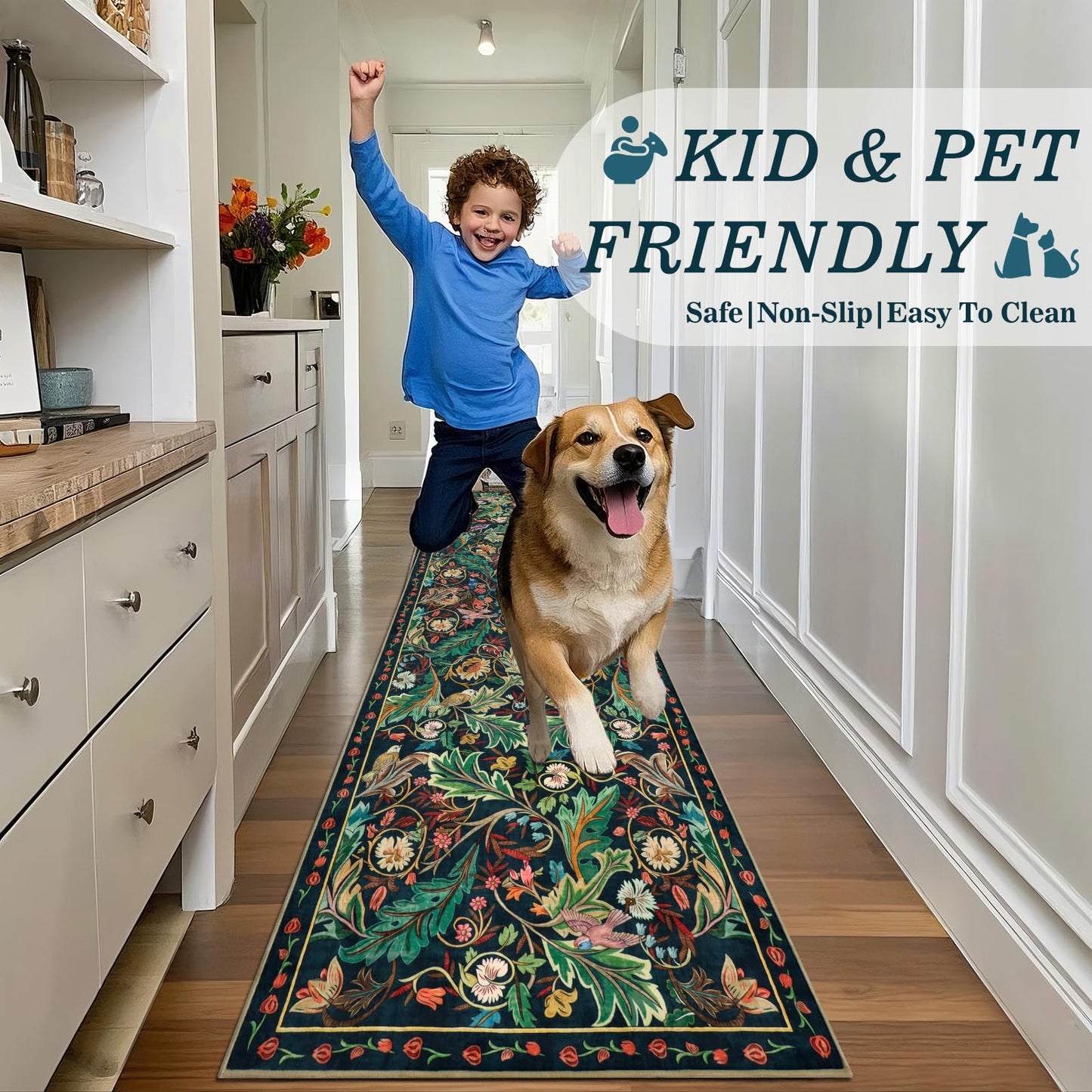 nesrt Boho Washable 3x10 Hallway Runner Rugs, Non Slip Floral Birds Long Kitchen Runners, Soft Jungle Birds Floor Carpet for Entryway, Low Pile Decor Rug for Hall Laundry Bedroom Bathroom (Dark Green)