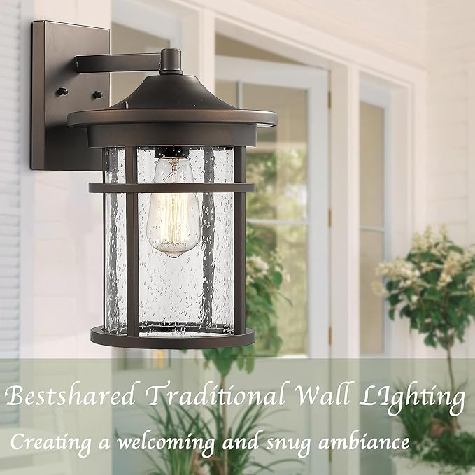 Bestshared Outdoor Wall Mount Light Fixture, Large Exterior Porch Wall Lantern, Outdoor Wall Light with Seeded Glass Shade (Oil Rubbed Bronze, 14" Height)