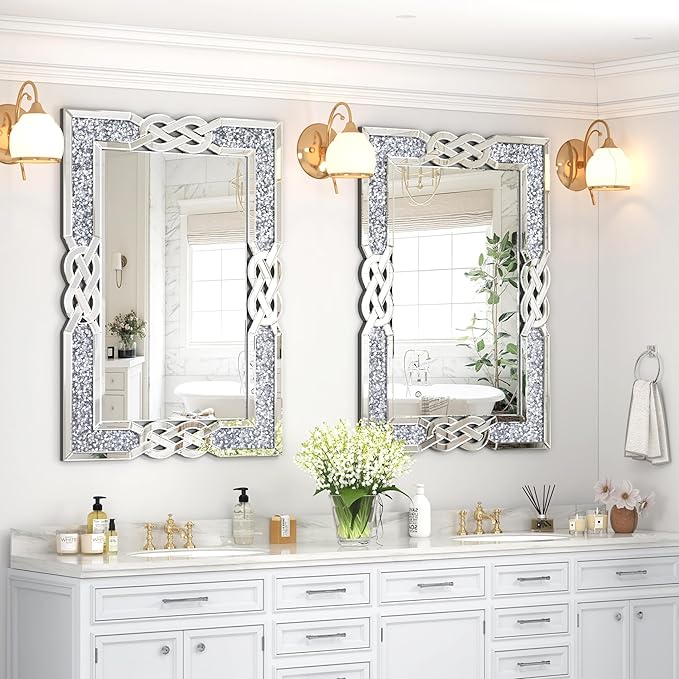 ENENE Crystal Crush Diamond Wall Mirror 39.5''x 27.5'' Rectangle Silver Mirrors for Wall Decorative Large Wall Mirrors for Bathroom Living Room Bedroom Entryway