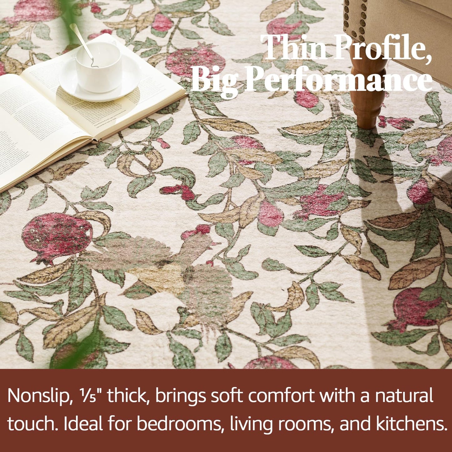 jinchan Eden Floral Area Rug 5x7 Washable Vintage Soft Non-Slip Distressed Red Green Carpet Low Pile Accent Rug for Living Room Kitchen Bedroom Dining Room Nursery