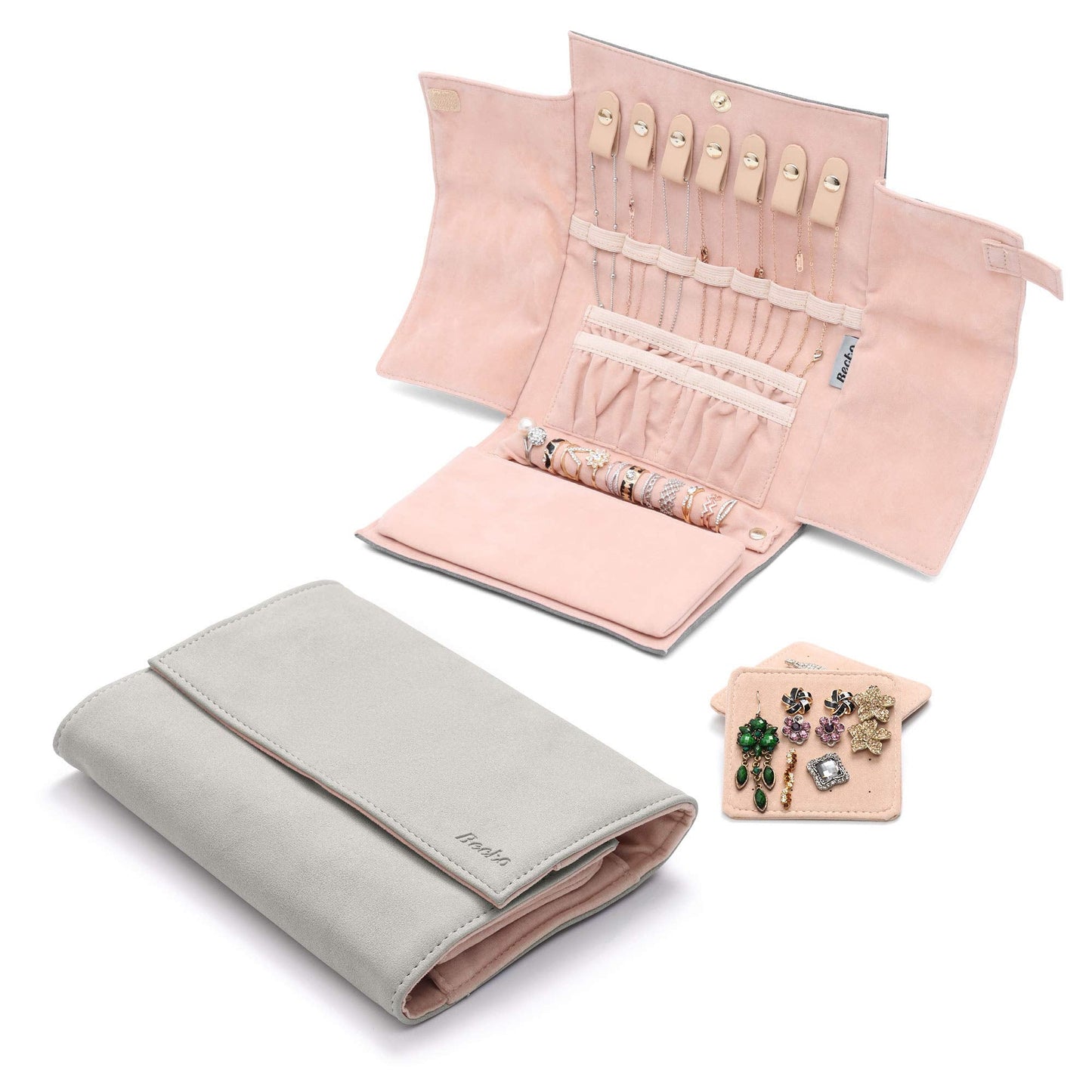 Becko US Jewelry Organizer Roll Travel Jewel Bag case for Multiple Necklaces, Rings, Bracelets, Supple Leather & Suede, Large Capacity Without Crease, Lightweight, Portable & Practical (Gray)