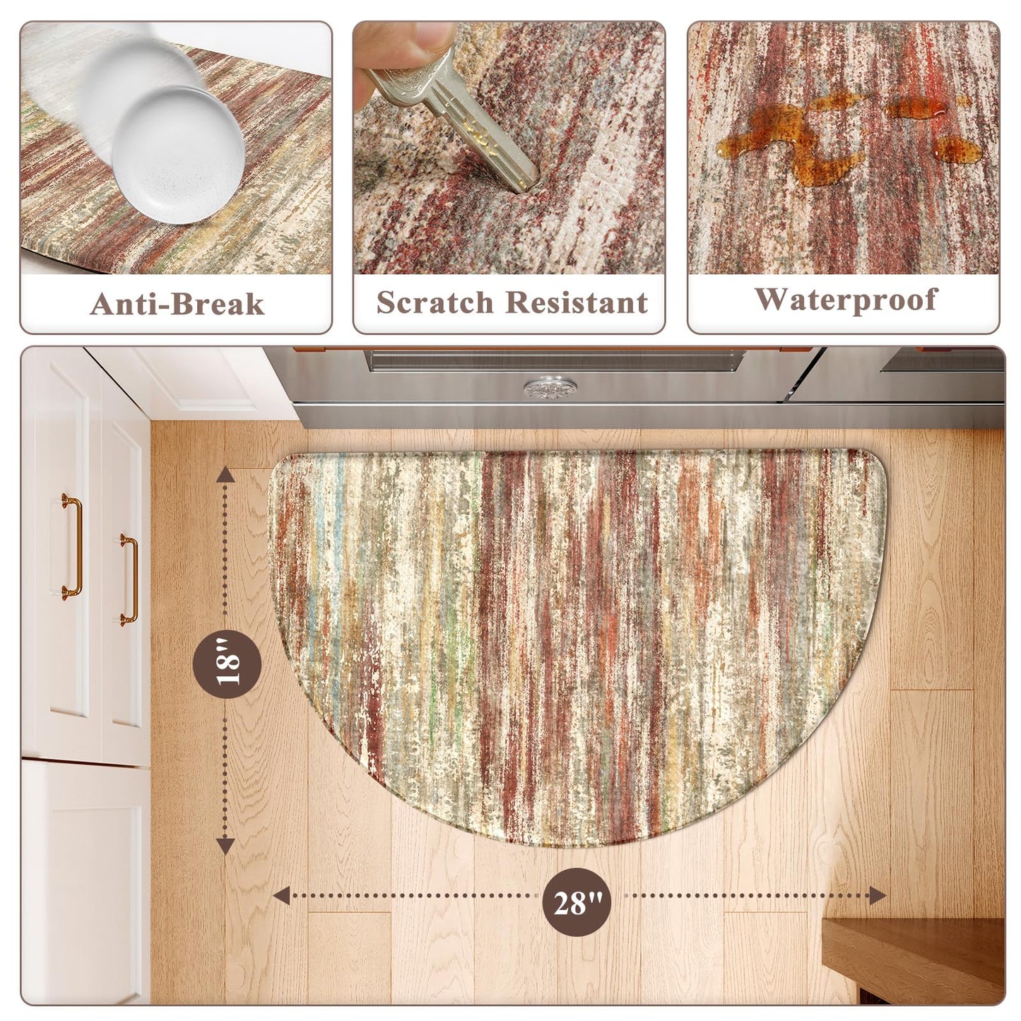 KIMODE Anti Fatigue Kitchen Mats for Floor 18"x28" Half Circle Cushioned Kitchen Floor Mats, Red Brown Abstract Kitchen Rug, Comfort Ergonomic Standing Desk Mat for Sink Laundry Office