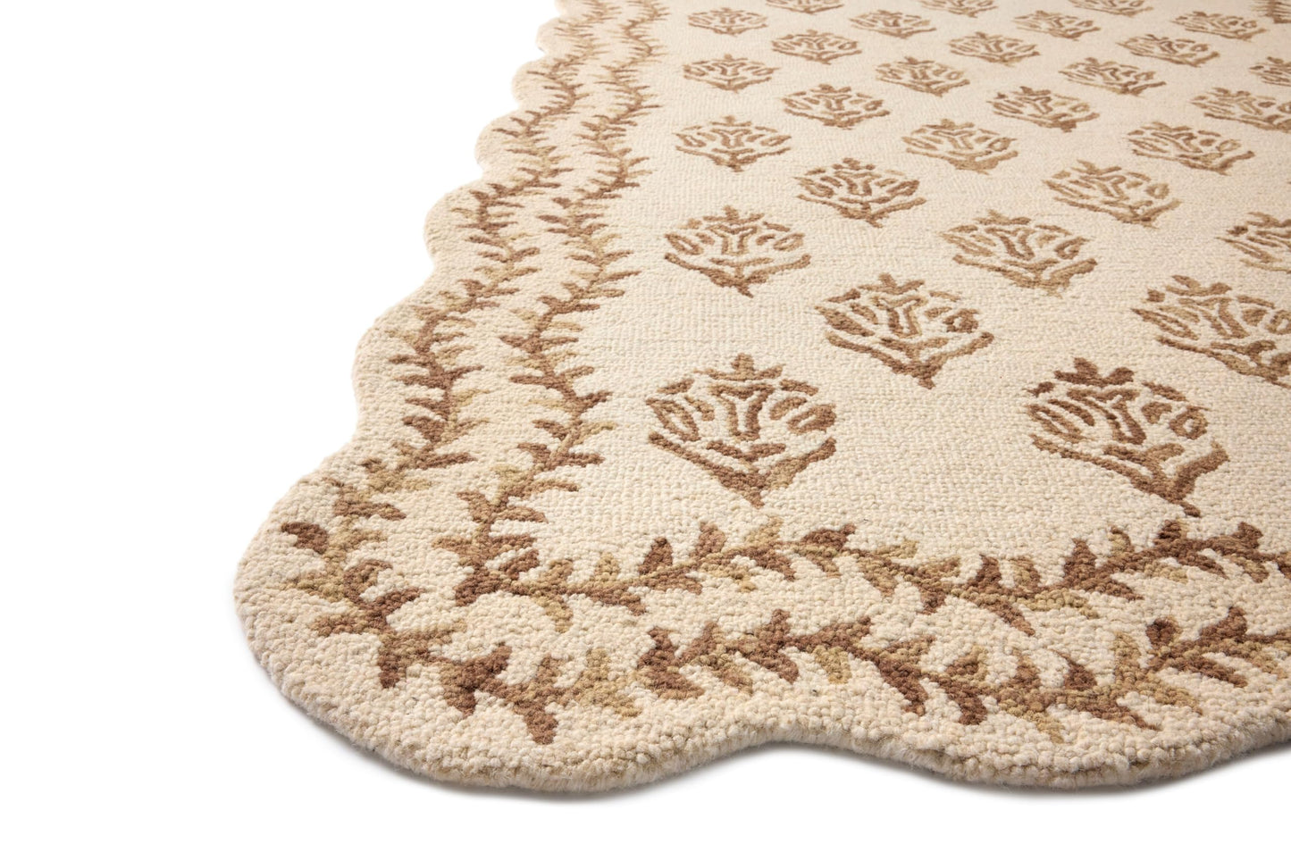 Loloi Rifle Paper Co. Lisette Collection LST-01 Ivory/Natural 2'-6" x 7'-6" Runner Rug Wool, Natural, Scallop, Wavy, Floral, Textured, Living Room, Bedroom, Dining, Carpet