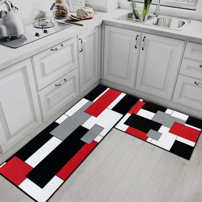 Tayney Red Geometric Kitchen Rugs and Mats Non Skid Washable Set of 2, Checked Black Grey Mats for Floor, Rustic Minimalist Runner Rug, Modern Abstract Kitchen Decor