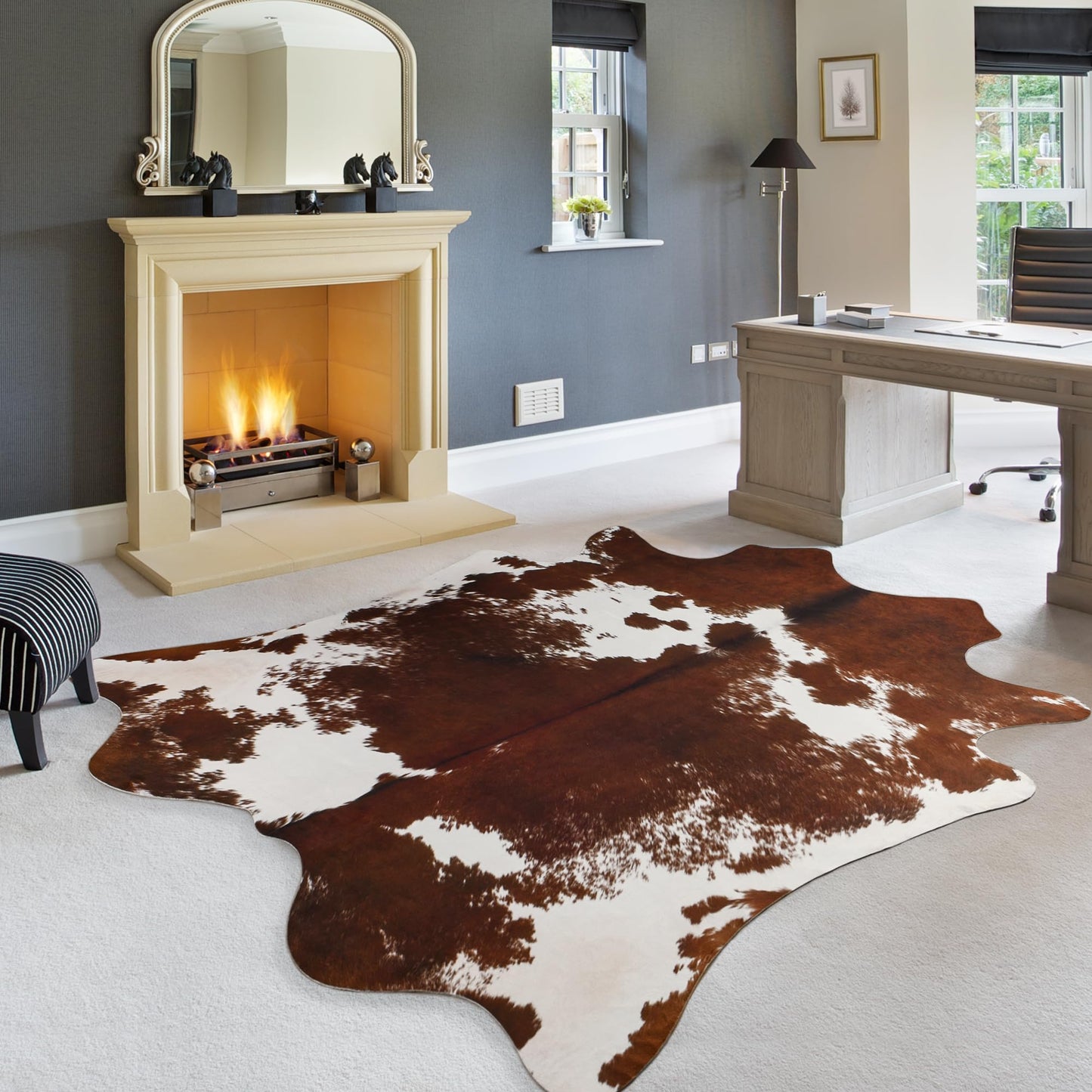 LYENDOS Cowhide Rug 5.2 x 6.3 Feet, Cow Hide Durable No-Slip Backing, Faux Cowhide Thickened Elastic, for Bedroom Living Room Home Office Western Decor