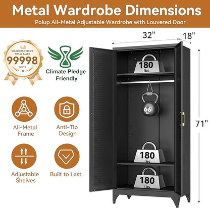 Polup 71" Tall Metal Armoire Wardrobe Closet with 2 Doors, Heavy Duty Steel Clothing Storage Cabinet with Hanging Rod & Adjustable Shelves, Freestanding Modern Locker Organizer for Bedroom, Office