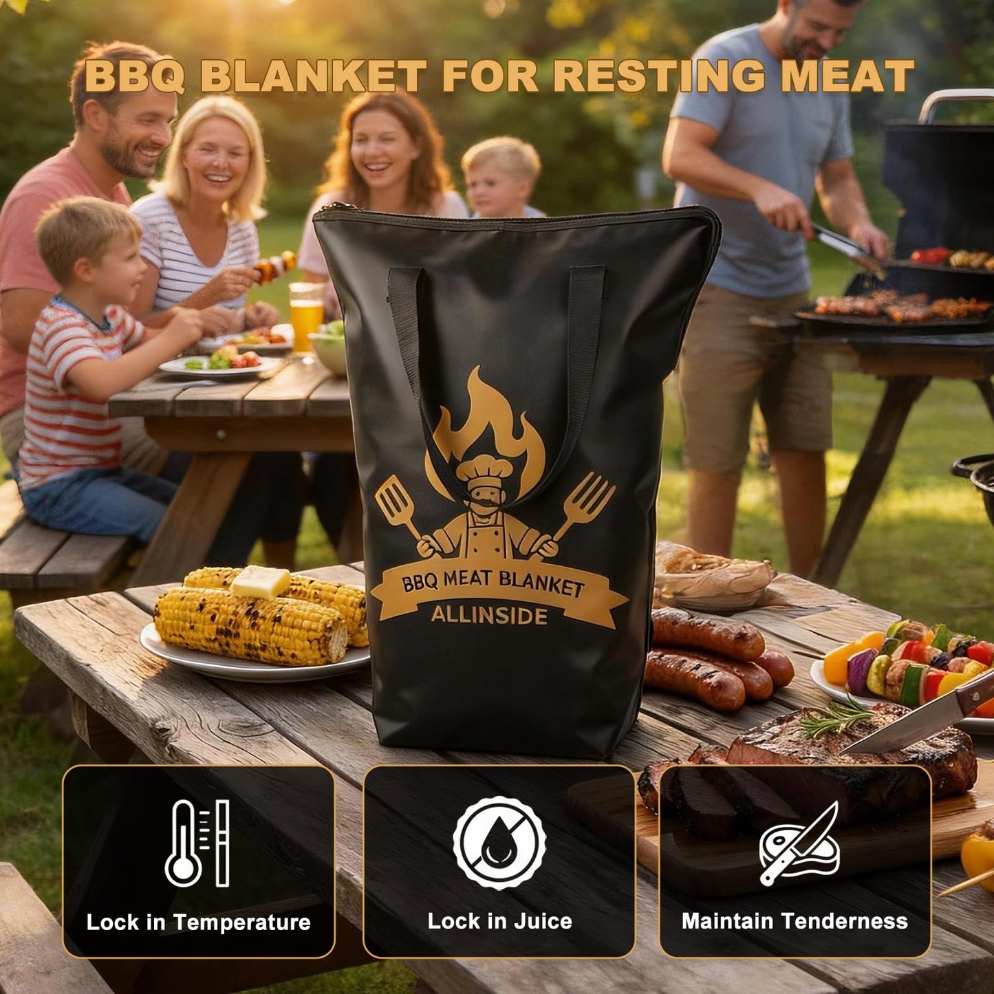 Allinside BBQ Blanket for Resting Meat - Extra Large Insulated Meat Resting Bag with 2 Meat Shredder Claws, 2 Silicone Heat-Resistant Gloves, Greeting Card & Lanyard | Reusable Grilling Accessory