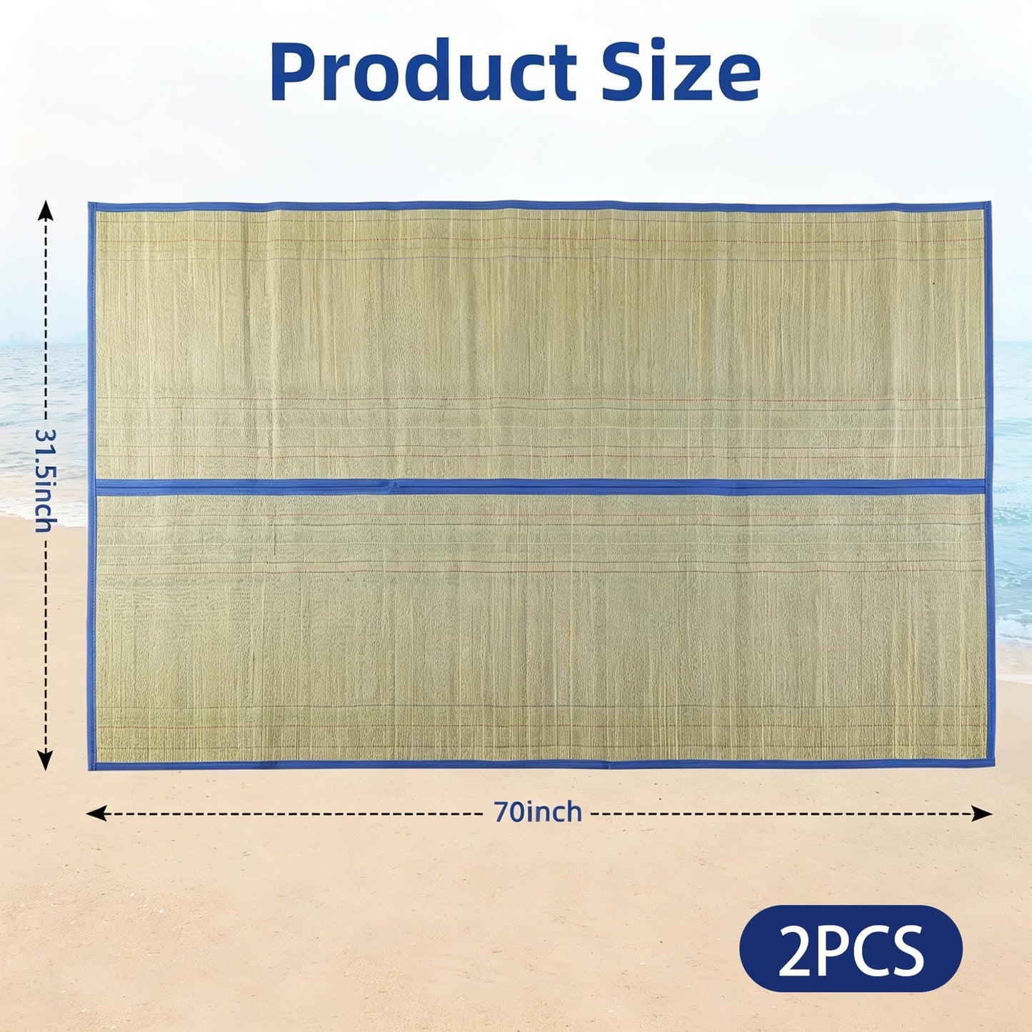 U0U 70x31.5inch Straw Beach Mat with Heat Insulation Aluminum Film,Foldable Breathable Natural Straw Mat for Insulate Beach Heat and Beach Picnic Camping Tent Crawling Yoga (Blue, 70x31.5inch/2pcs)