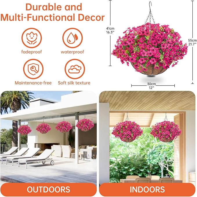 Artificial Hanging Faux Flowers Basket, Fake Silk Daisy Eucalyptus Plants Arrangement,for Spring Summer Outdoor Decoration,UV Resistant, Coconut Planter,Look Real for Home Garden Décor (Rosered)