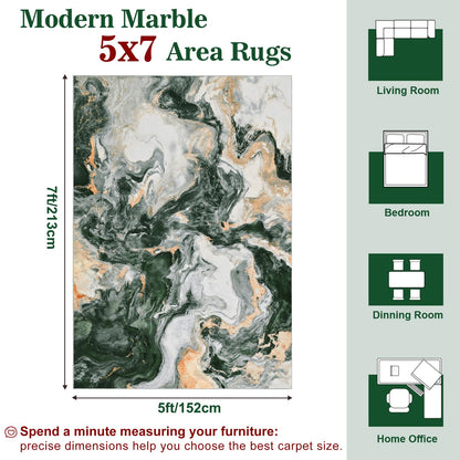 Yinhua Marble Rug 5x7, Abstract Area Rugs Non Slip, Green and Gold Modern Rugs Low Pile, Soft Faux Wool Washable Rug Stain Resistant, Contemporary Carpet for Bedroom Dining Room Office