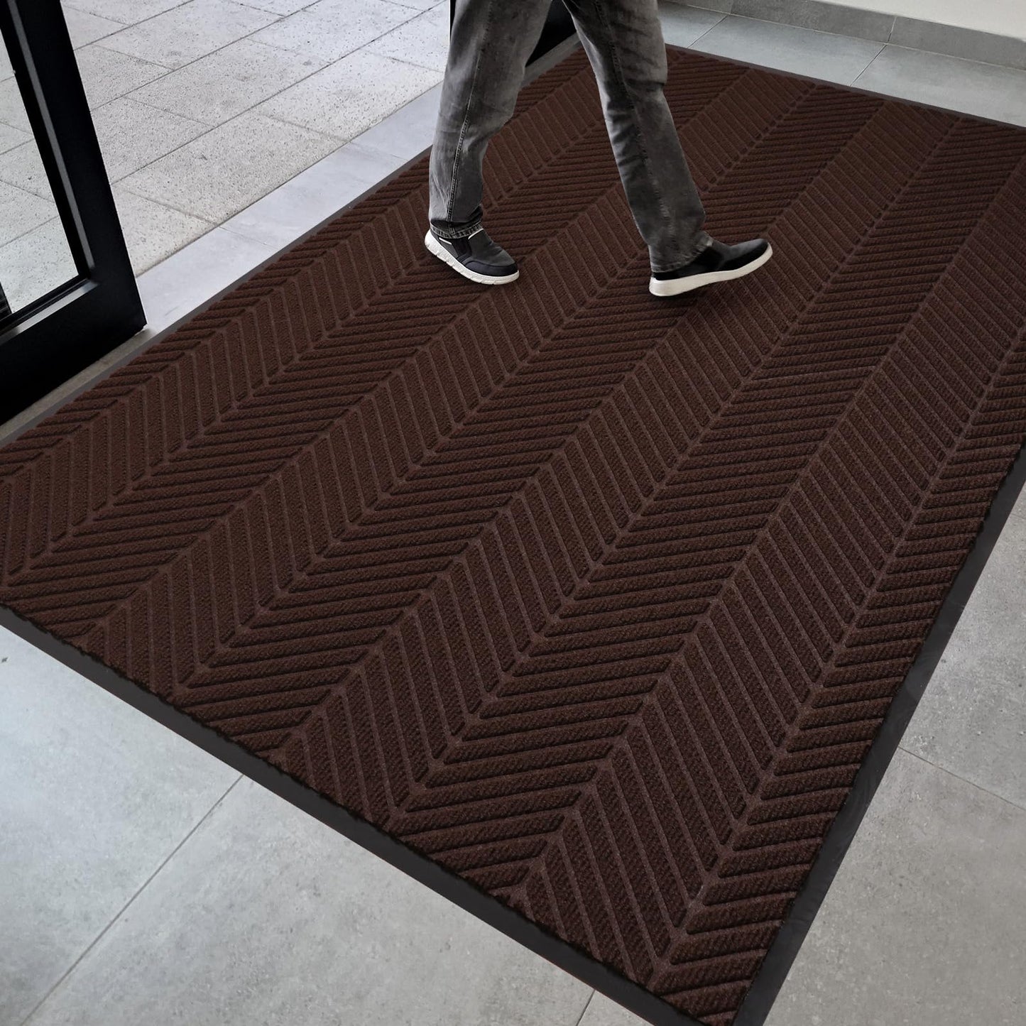 5′ x 7′ Heavy Duty Front Door Mat Indoor Outdoor Entrance, Easy Clean Non-Slip All Weather Commercial Floor Mat for Entryway, No Curling Waterproof Vinyl Welcome Mat (Dark Brown)
