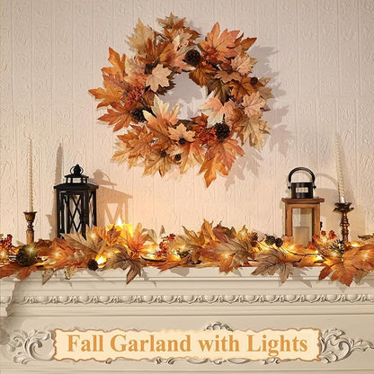 6 FT Fall Garland with Lights Timer Function Fall Leaves Garland with Berries Pine Cones Realistic Autumn Automatic ON/Off Timer Fall Decorations for Home Mantle Fireplace Porch Table
