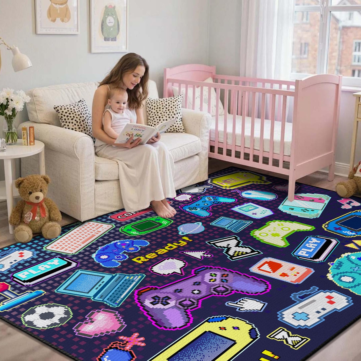 Didswuit 2x3 Game Controller Mat Gamepad with Keyboard Design for Playroom, Pixel Gaming Play Rug for Bedroom, Fun Gamer Art Décor for Game Lover Washable Carpet