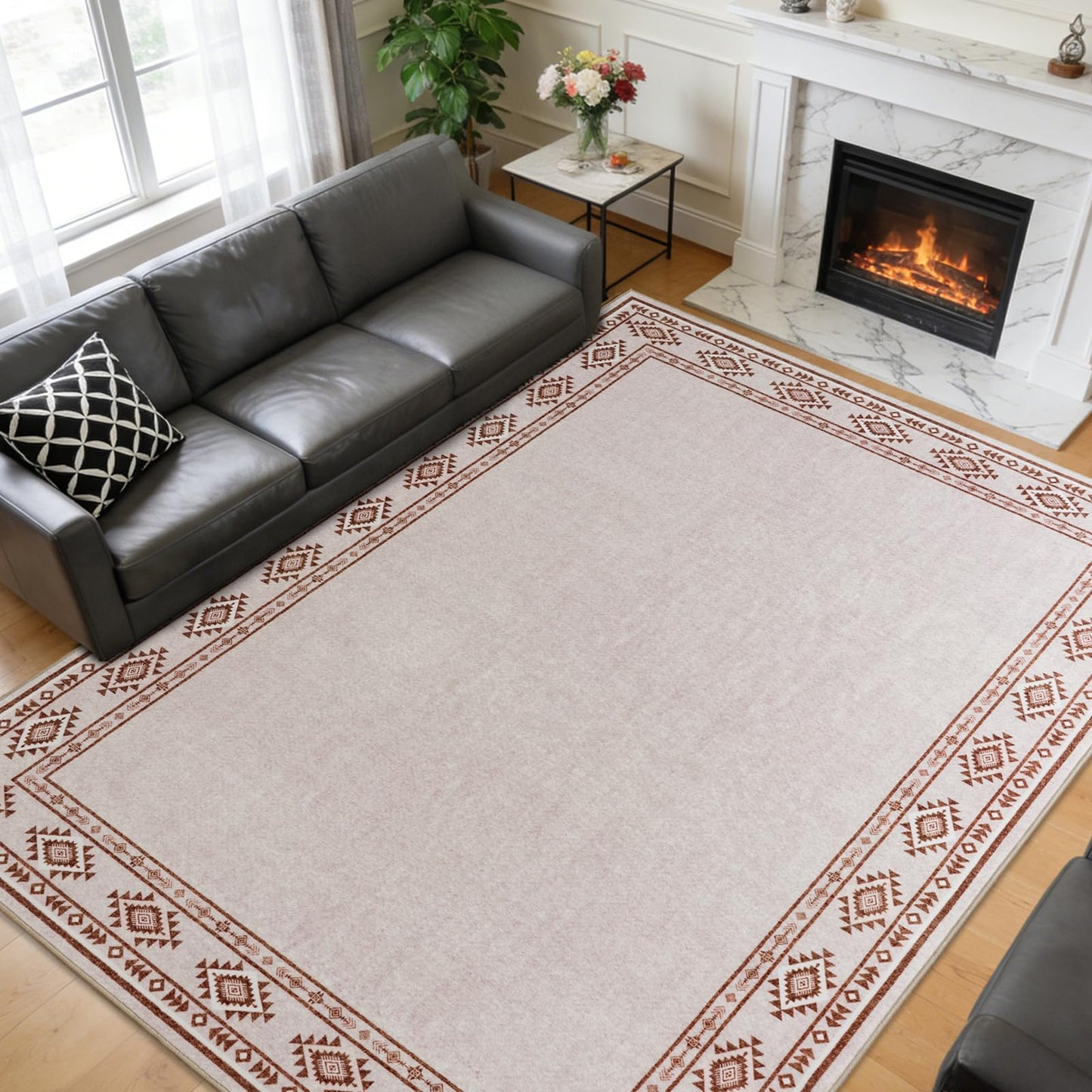 QDUIDU Large Area Rug for Bedroom Living Room, 4x6 Feet Ultra Soft Cream Rugs Washable Modern Geometric Bordered Non Slip Low Pile Carpets Home Decor