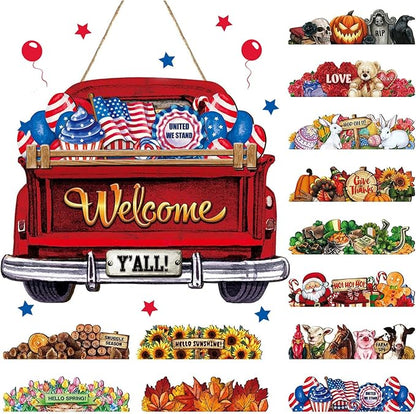 Ferraycle Interchangeable Christmas Welcome Sign for Front Door Farmhouse Truck Decor Rustic Hanging Sign with 12 Interchangeable Seasonal Holiday Decor for Christmas Fall Thanksgiving(Fresh Color)