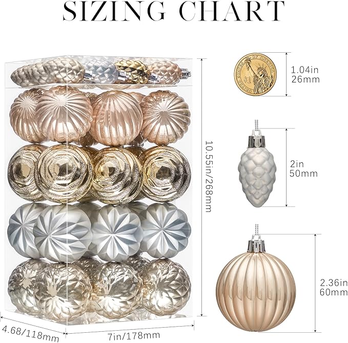 JORNOY Christmas Tree Ornaments - 2.36inch/60mm Shatterproof Ornaments for Christmas Tree Set Plastic Decorative Hanging Balls Ornaments for Xmas Tree Decorations, 40ct (Champagne)