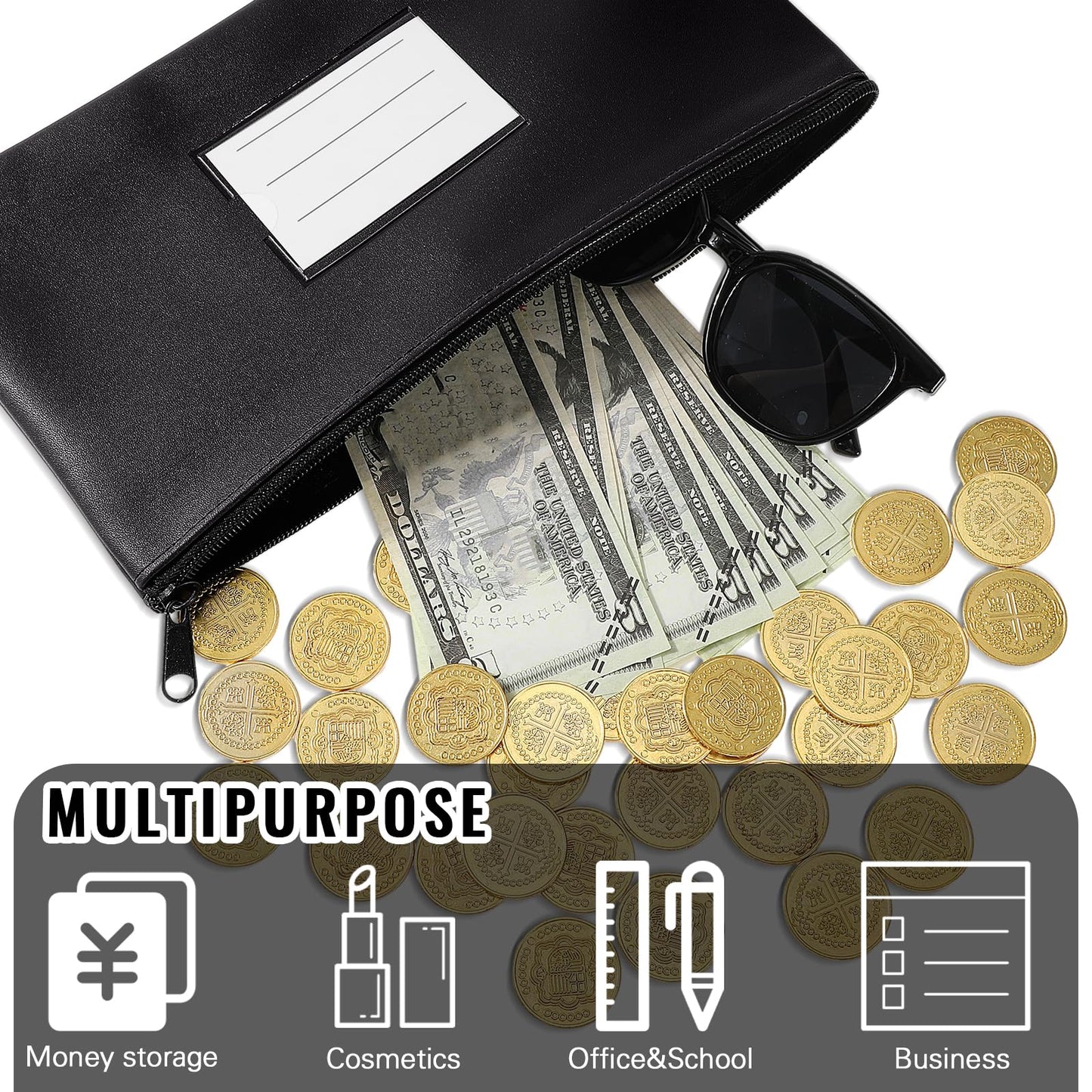 Paterr 6 Pcs Money Bags with Zipper PU Leather Deposit Bank Bag Security Money Pouch Receipt Holder Bank Pouch Wallet with Label for Cash Coin Makeup Cosmetics Bills Tickets, 11 x 6 Inch(Black)