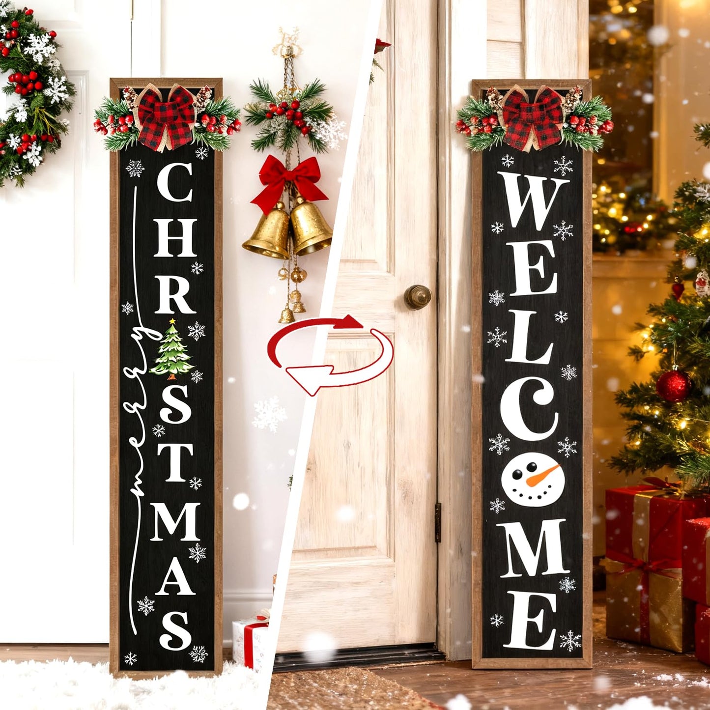 Double-sided Merry Christmas Wooden Sign Stand with Magnetic-adhesive Wreath for Front Door, 47" Farmhouse Vertical Snowman Welcome Porch Sign, 2in1 Tall Xmas Porch Leaner Decor