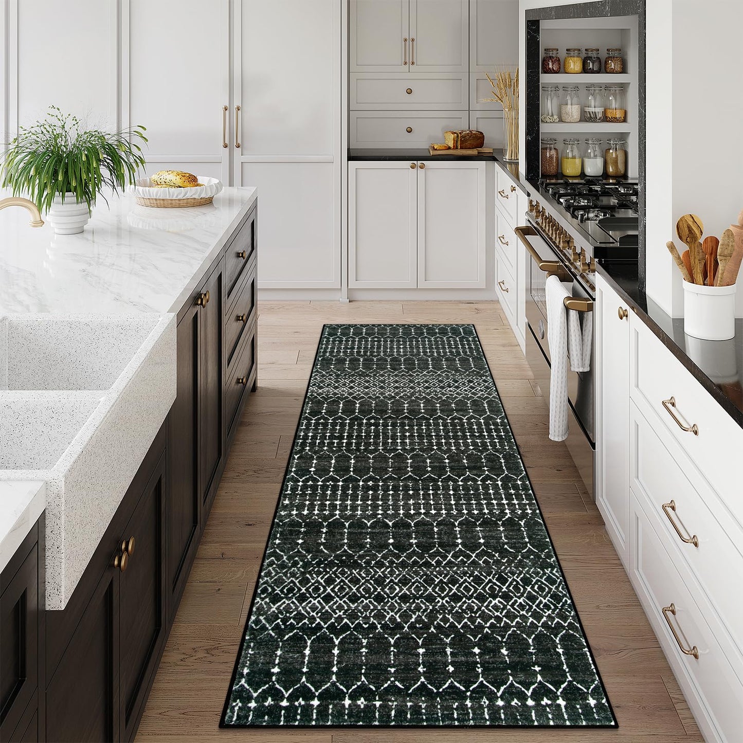 Lahome Moroccan 2x6 Black Runner Rug Non-Slip, Kitchen Rug Runner Washable Non-Skid Hallway, Geometric Print Distressed Carpet for Entryway Laundry Hana