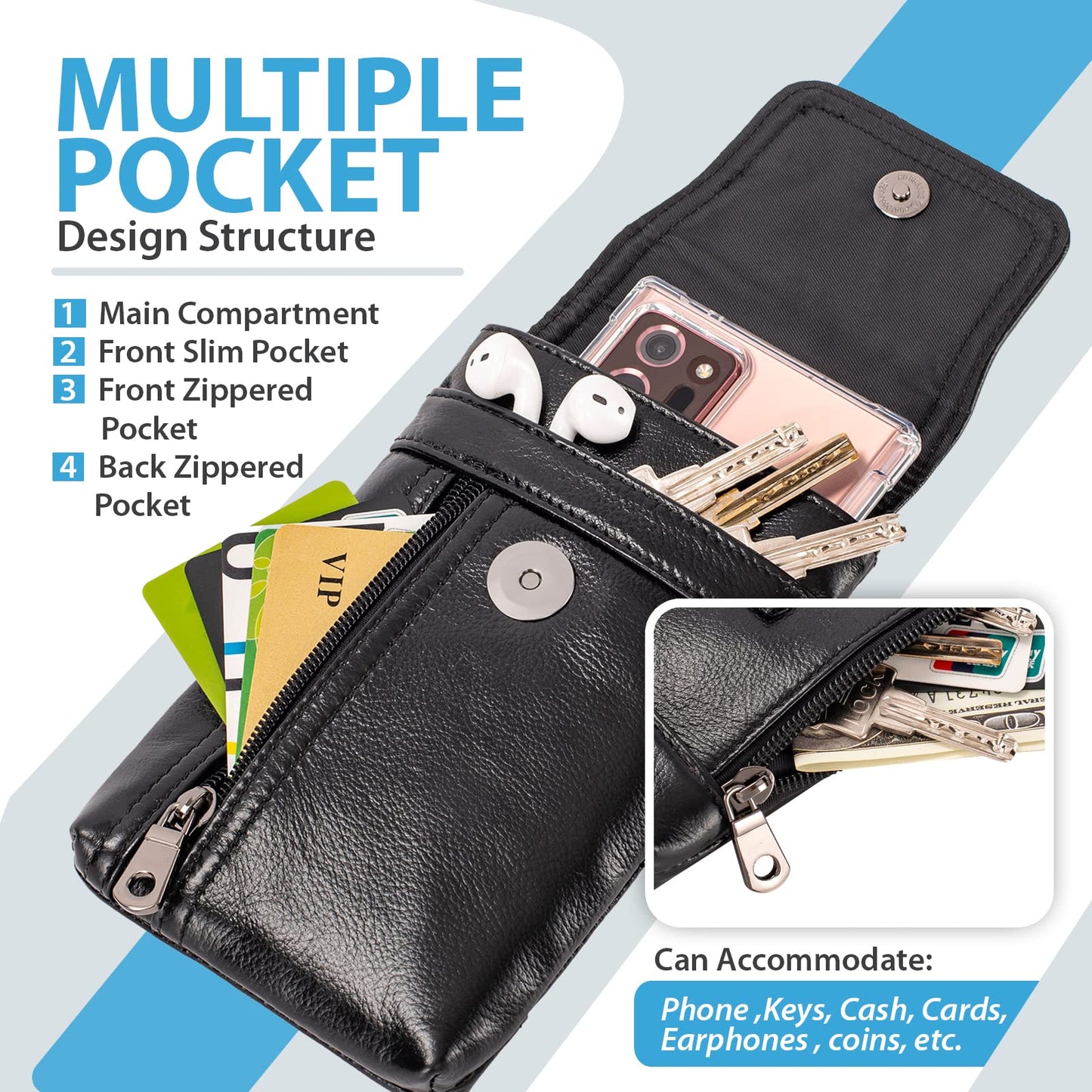 Hengwin Genuine Leather Cell Phone Holster for Belt, Belt Pouch Fits for iPhone 17 Pro 16e 15 Pro 14 Pro 13 Pro 12 Pro Samsung Galaxy S25 S24 S23 S22 Belt Holder Phone Case with Belt Clip (Black)