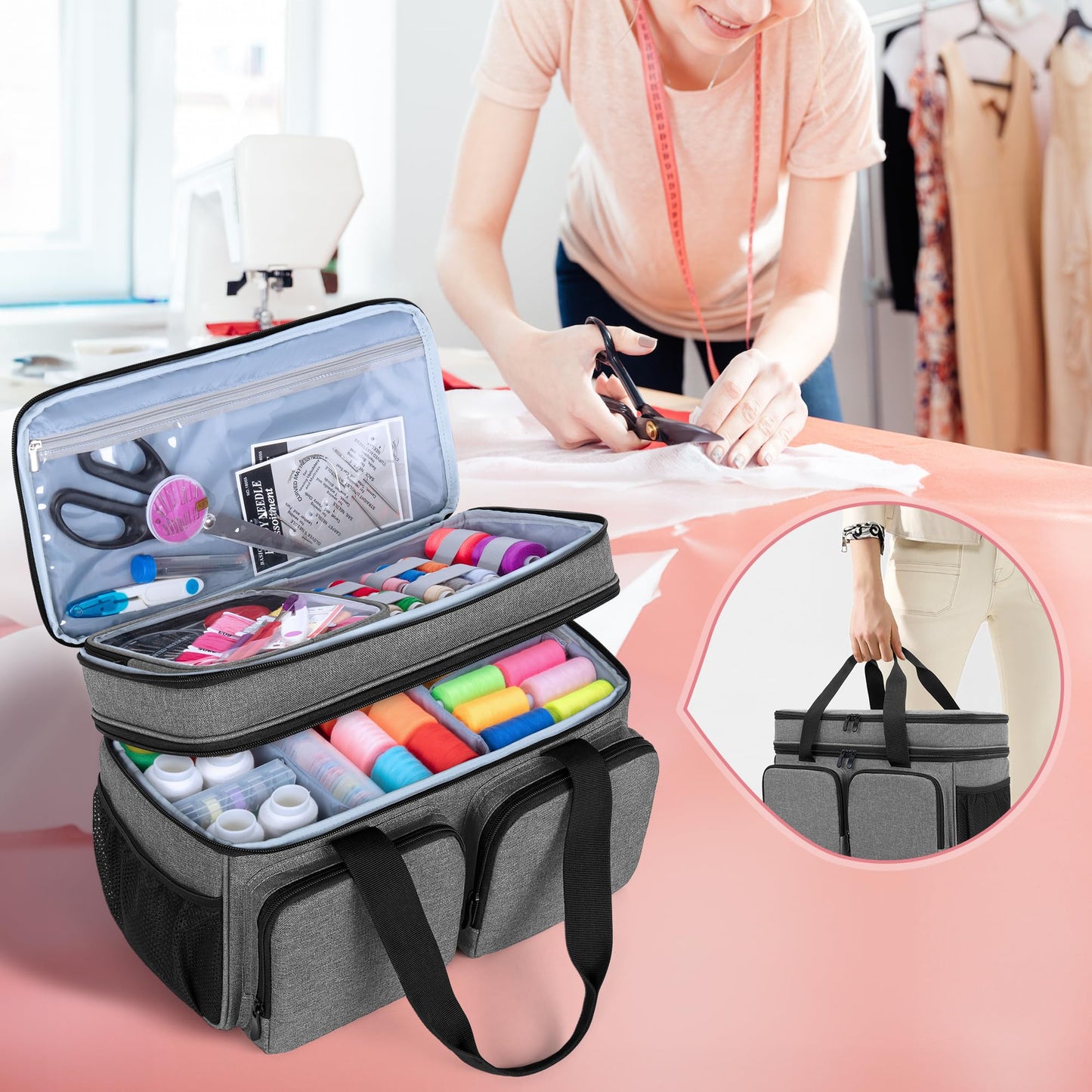 BAFASO Large Sewing Organizer Bag with an Individual Pouch and Detachable Dividers, 2 Layers Sewing Storage Bag for Sewing Supplies, Gray