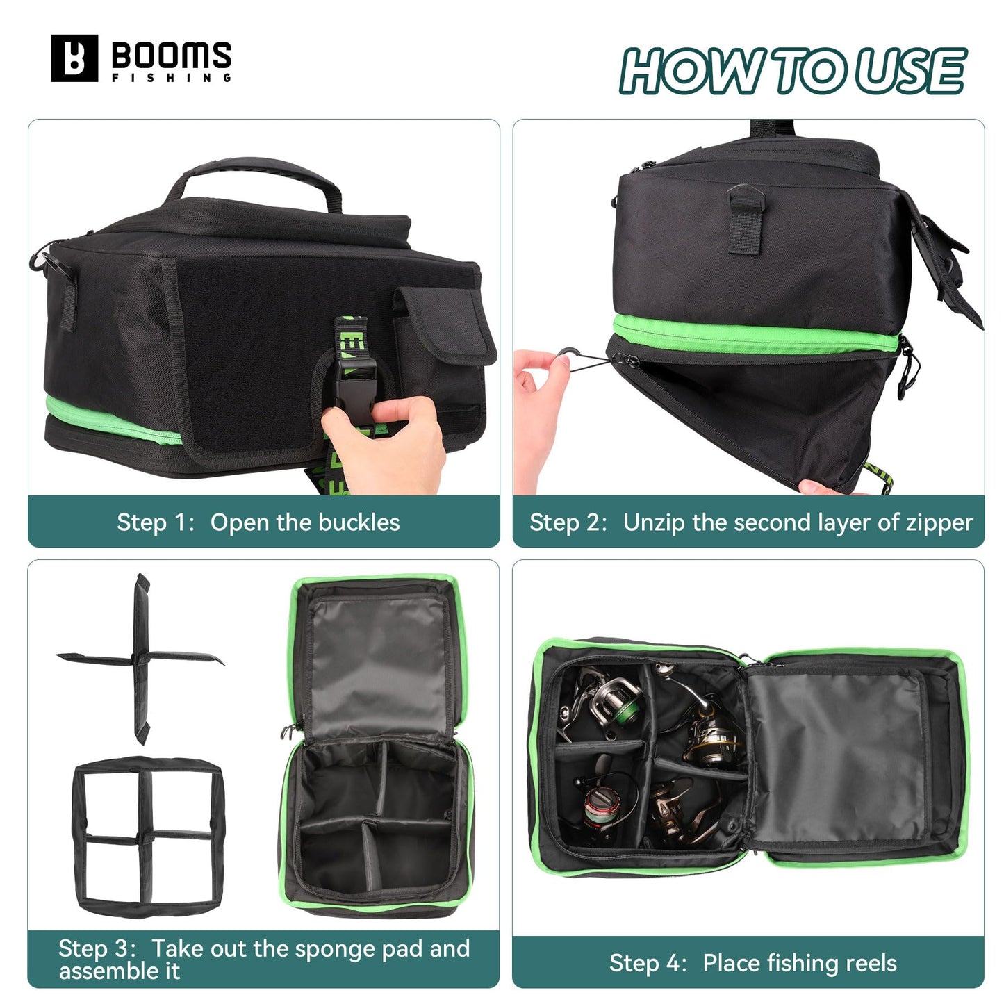 Booms Fishing Expandable Reel Bag - Double Layer Hidden Storage Case for 8 Reels - Protective Compartment, DIY Space for Tackle and Equipment - RC4 Cover