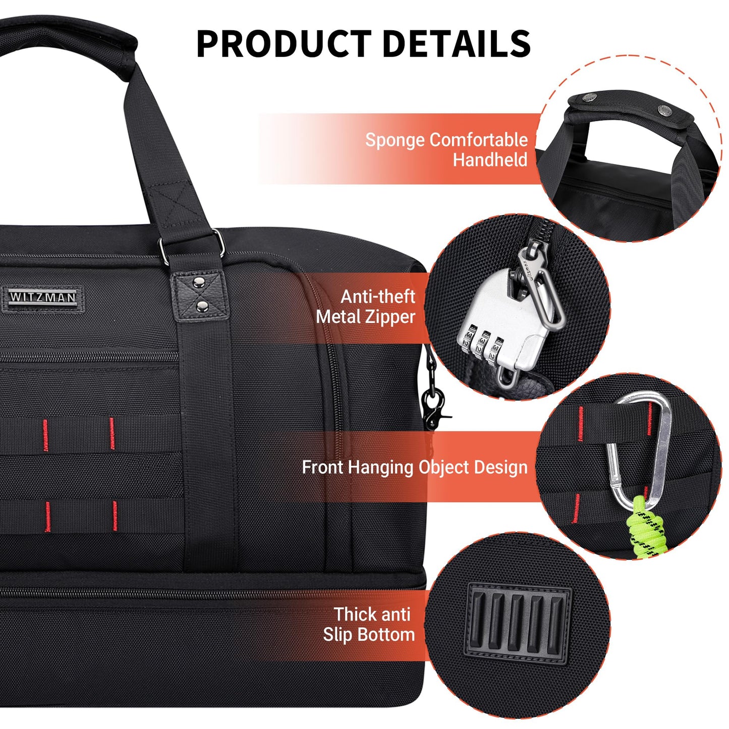 WITZMAN Travel Duffle Bags for Men Weekender Bags with Toiletry Bag Sets Carry On Overnight Bag 55L （B696 Black）