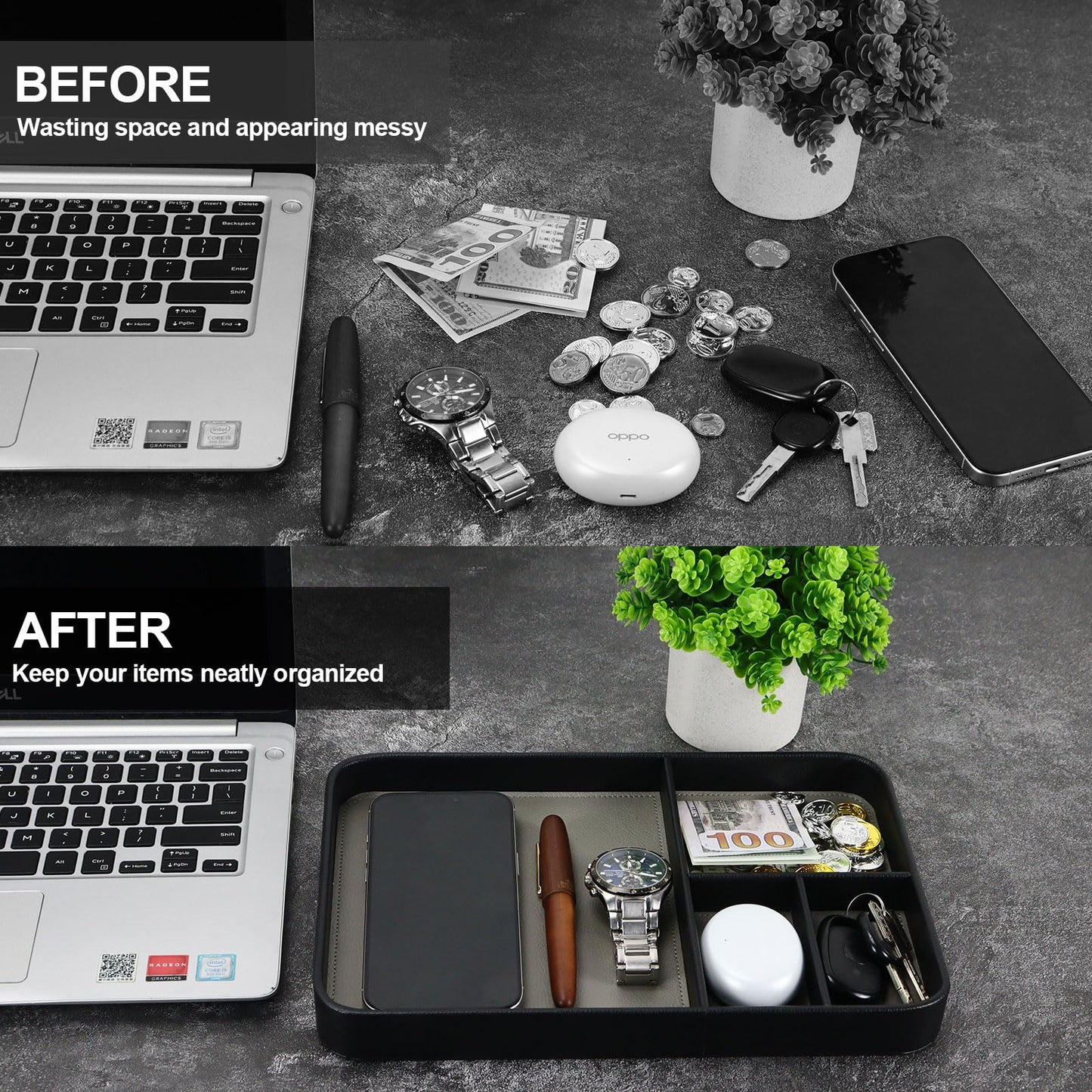 MultiBey Vegan Leather Valet Tray - 4-Compartment EDC Catchall Tray for Nightstand & Entryway Table - Minimalist Desk Organizer for Keys, Wallet, Watch, Phone & Jewelry Black