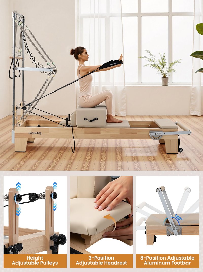 LeisureKing Pilates Reformer with Tower, Pilates Machine Equipment for Home Gym Workout, Studio Grade Reformer Set with Full Accessories, Sitting Box, Jump Board for Fitness & Pain Relief