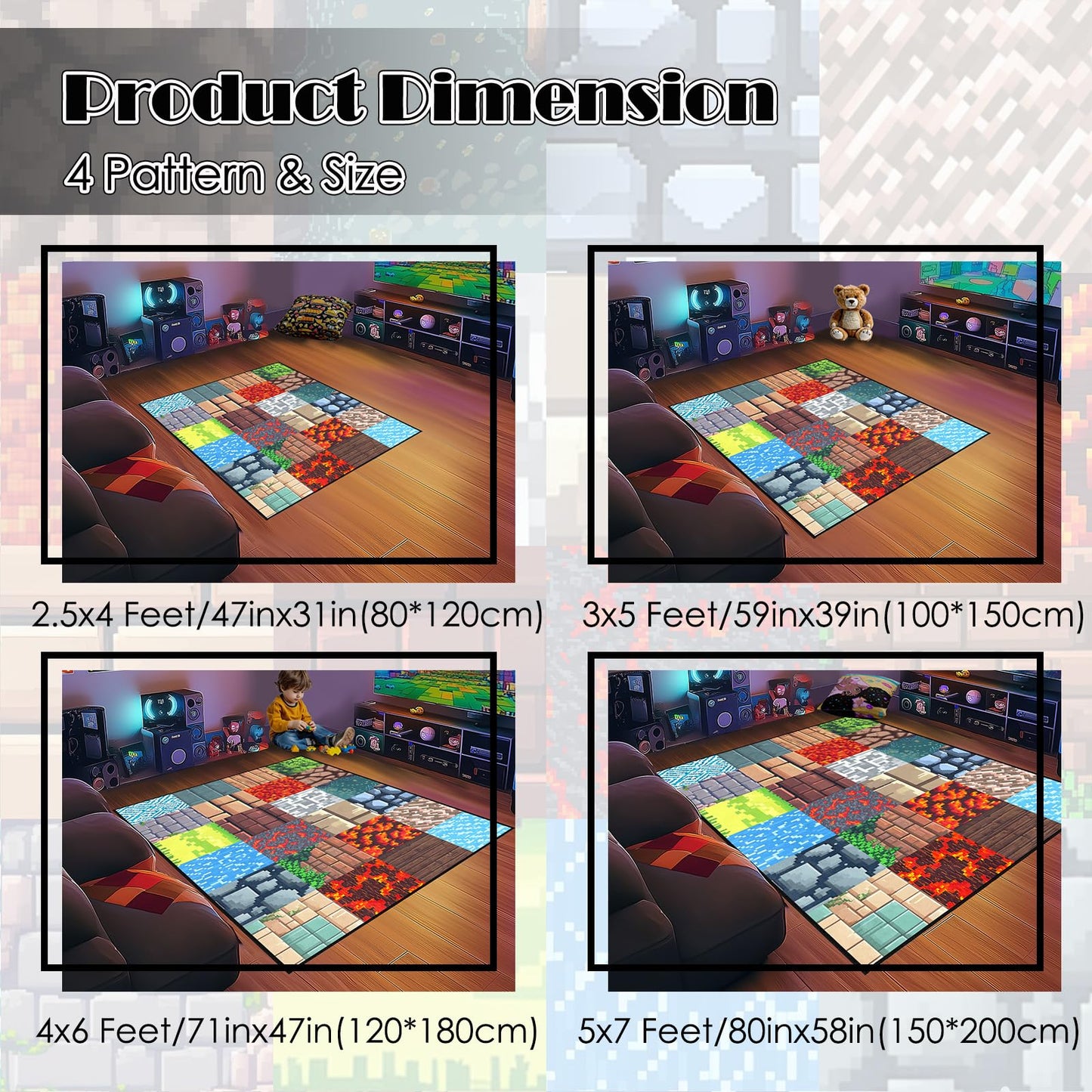 Game Room Rug - Video Game Decor for Boys Bedroom 2'5''x4' Block Theme Carpet Gaming Floor Mat Rugs for Boys Room Decor for Bedroom Living Playroom